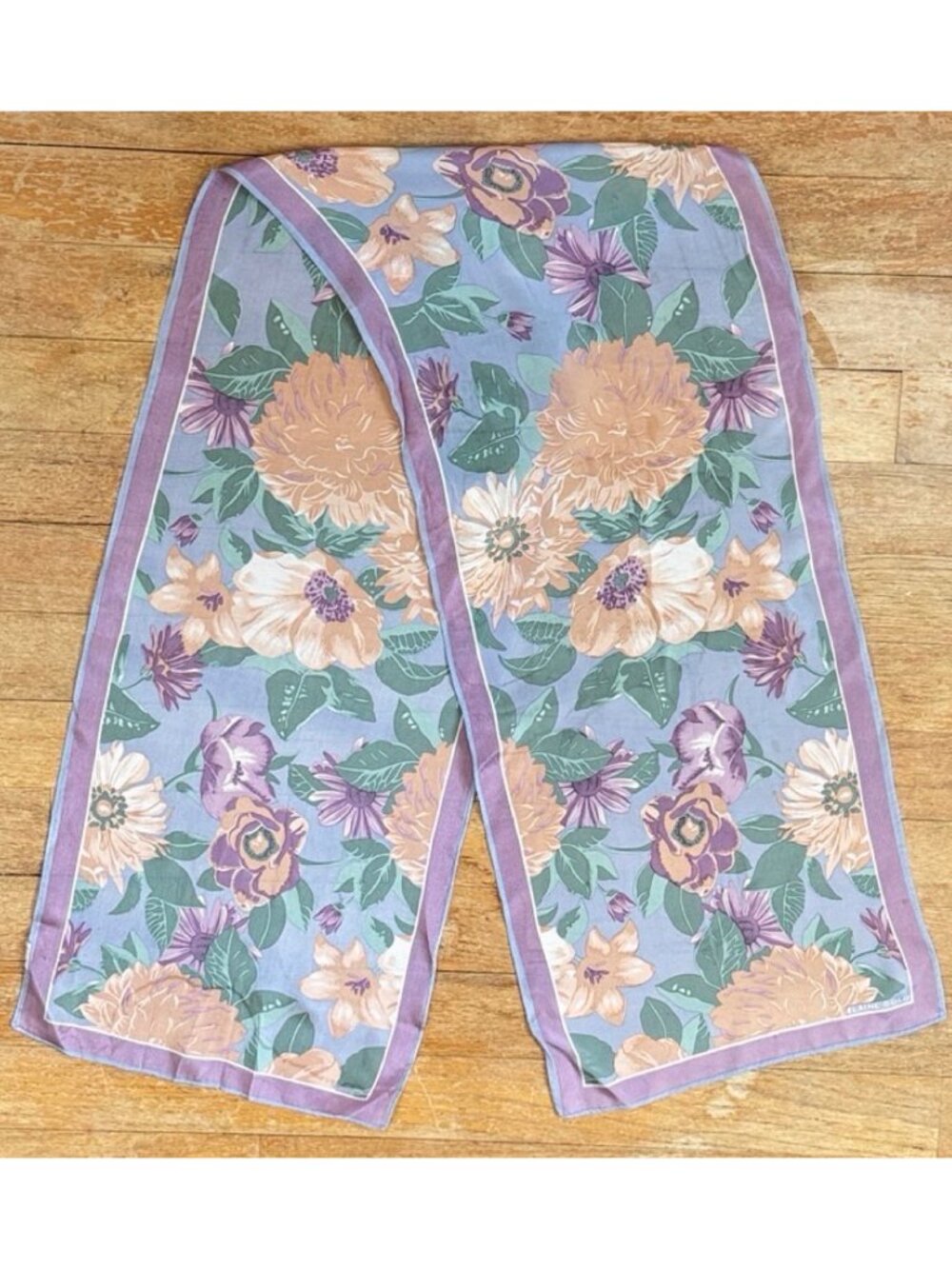 Vintage Silk Floral Scarf 70s Elaine Gold Purple/Green Daisy Dahlia Flowers